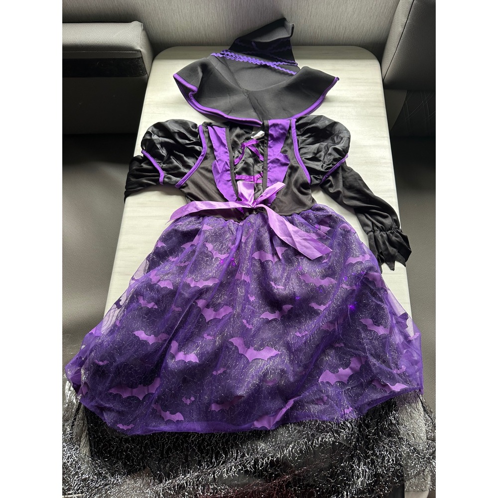 Witch Light Up Costume Dress w/Hat Halloween Bats Purple Black‎ Kids Girls 8-10
